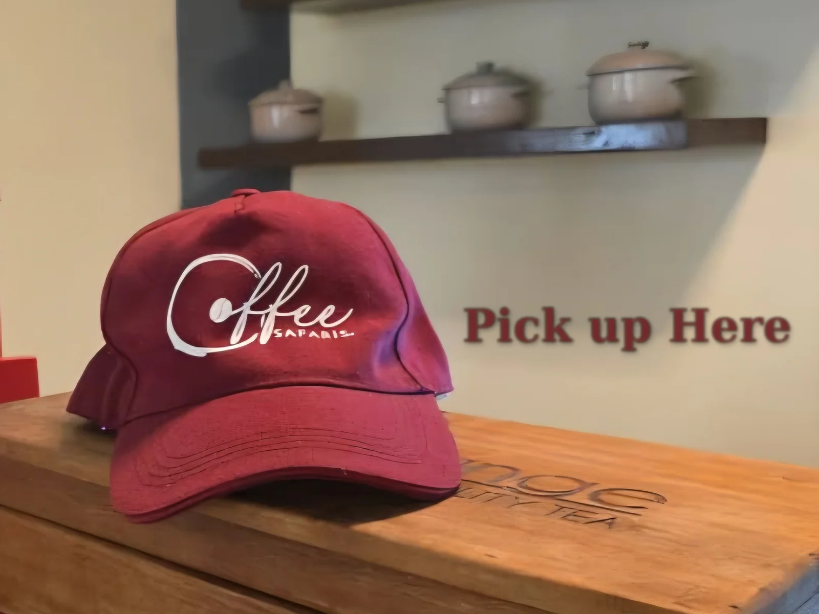 A Coffee Safaris cap on the pickup point counter, with a Pick up Here sign on the wall behind