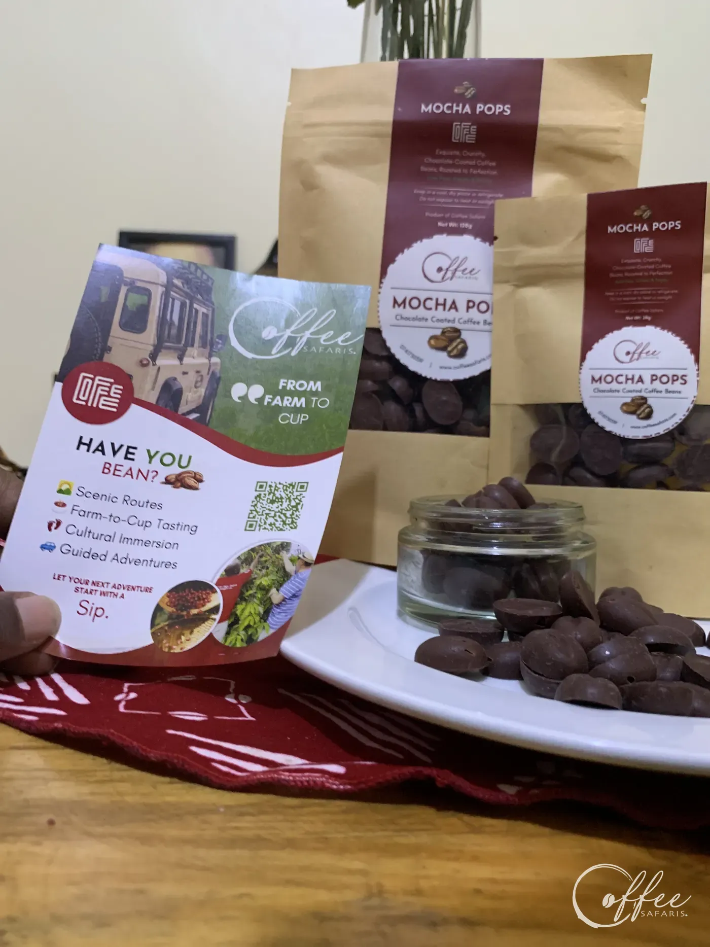 Mocha Pops, chocolate-coated coffee beans in kraft packaging
